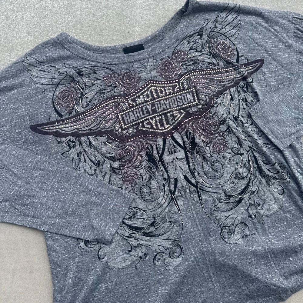 Harley-Davidson Women's Gray Open Back Embellished 3/4 Sleeve Shirt Large